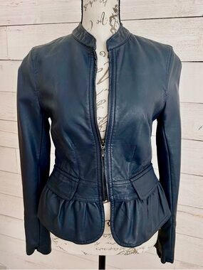 NWOT~Midnight Blue Ruffled Vegan Leather Moto Jacket